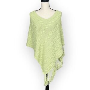 Pastel Green Cable Knit Fringe Poncho Sweater Womens S Boho Beachy Cottagecore